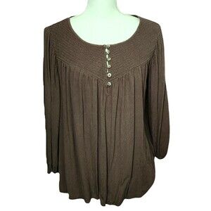 Knox Rose Peasant Blouse Smocked Yoke Buttons Olive Green Womens Size Large Boho
